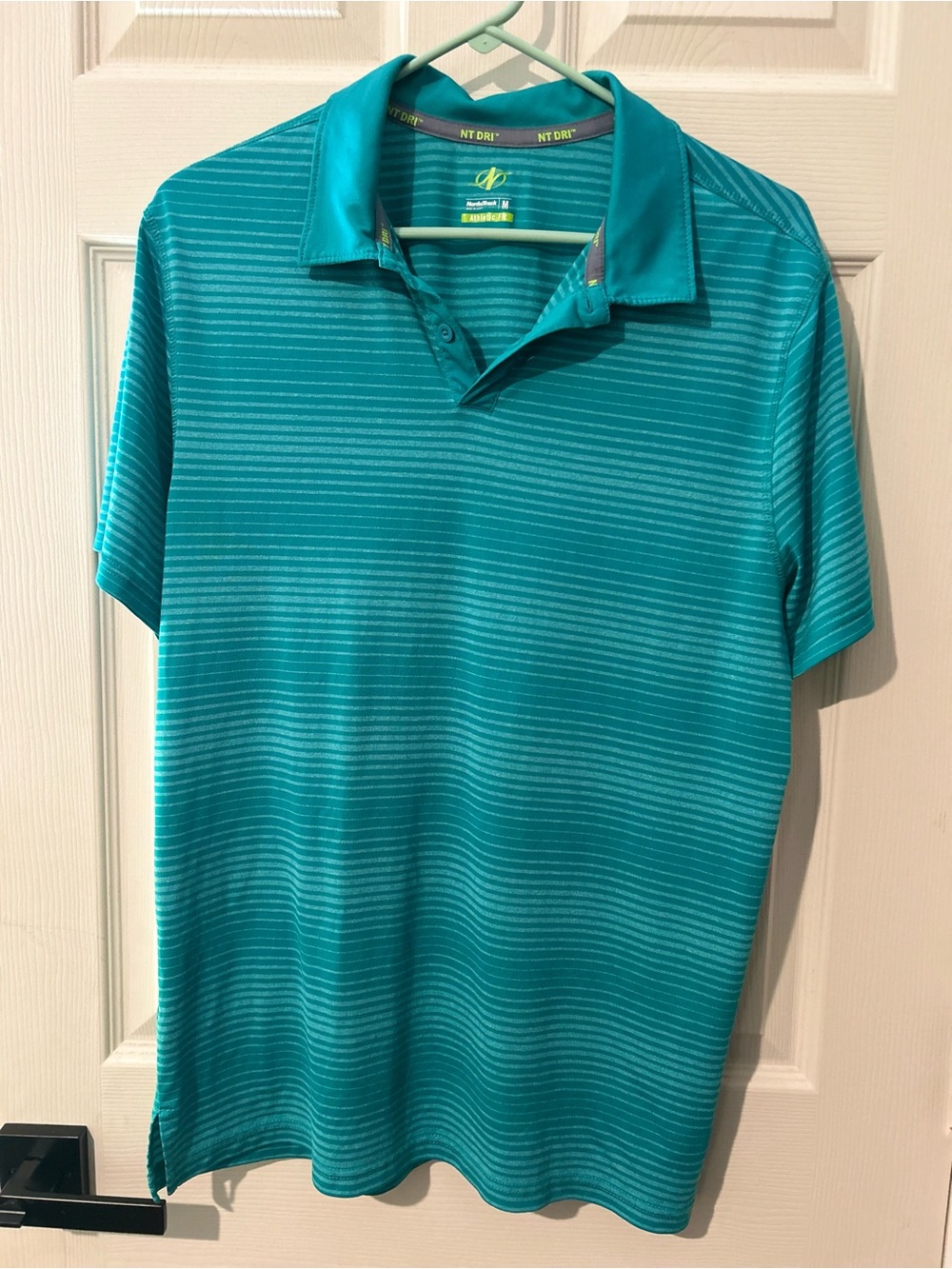 Men’s Teal Striped Performance Polo by Unknown Brand